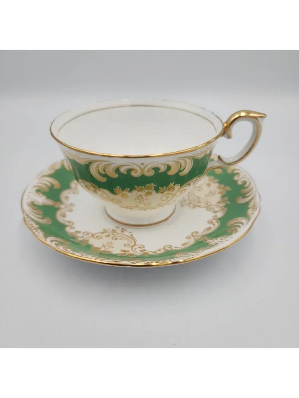 Crown Staffordshire Fine Bone China Tea Cup & Saucer Green Gold Trim
